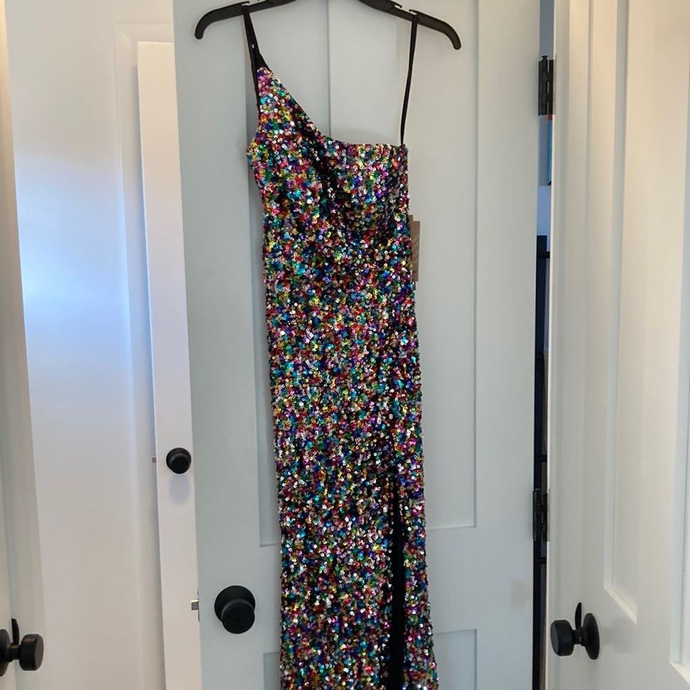 Black/multi color sequinned Prom gown.      Amelia Couture. Size 6